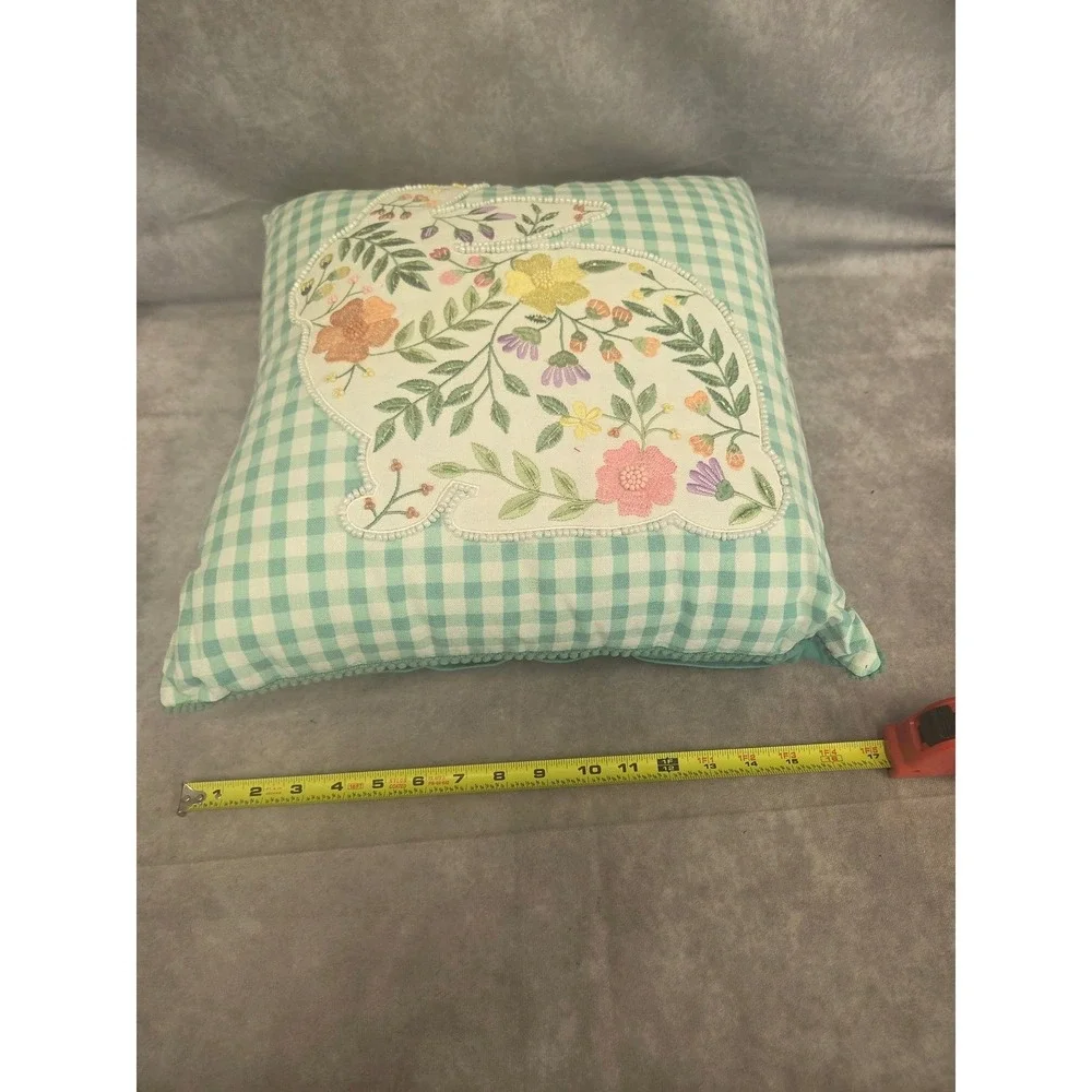 Easter Spring Gingham Bunny Rabbit Floral Embroidered Throw Pillow